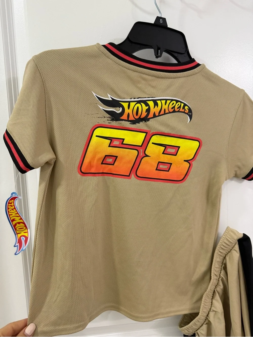 Tan Short-Sleeve Kids Racing Tee with Yellow Car Graphic
